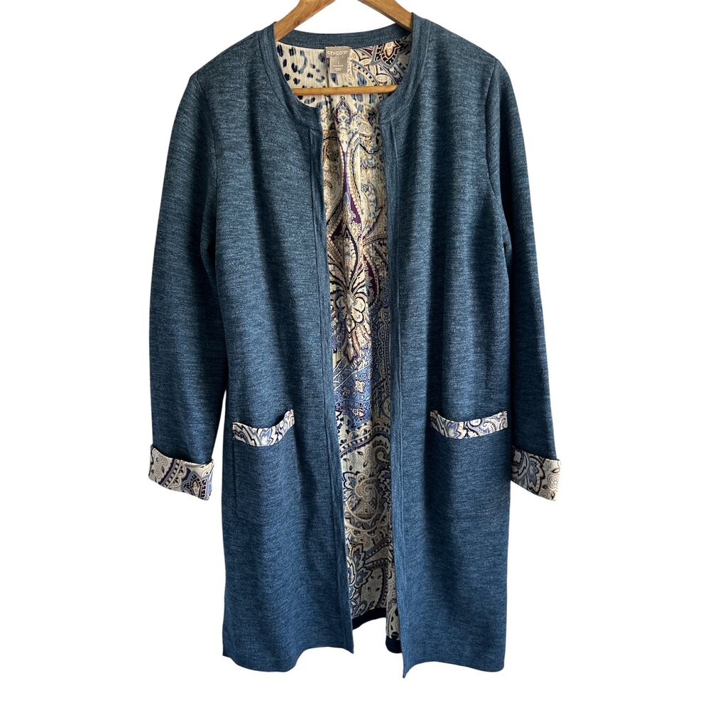 Chico's‎ Women’s Medium Paisley Leopard-Print Detail Open Front Long Cardigan